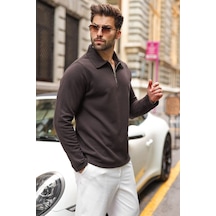 Madmext Acı Kahve Yarım Fermuarlı Polo Yaka Dokulu Erkek Sweatshırt E7197 Acı Kahverengi