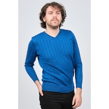 Desen Triko Erkek V Yaka Yün Kazak 0249626 Saks Saks Mavi Saks