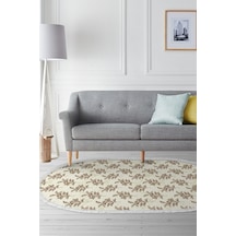Alanur Home Kaymaz Dijital Mutfak & Salon Halı Star Pamuk Saçaklı Oval Vintage Al5011 Bej