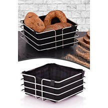 Lüx Metal Şeritli Kumaş Kare Ekmeklik Gümüş Krom Sofra Ekmek Sepeti Meyve Sepetliği Siyah Kumaş