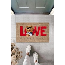 Dekoratif Dijital Love Ayıcık Bej Kapı Paspası Dış Mekan Paspas K-3178 Renkli
