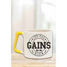 Let The Gains Begin Yazılı Gym Spor Kas Kazanımı Fitness Hediyelik Kulplu Kupa Bardak Sarı