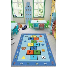 Mavi Kaymaz Tabanlı Seksekli Oyun Halısı Çocuk Halısı Kd94n11
