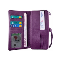 Alphaclub Bag Unisex Hakiki Deri Mor Renk Fermuarlı Çok Bölmeli Uzun Cüzdan