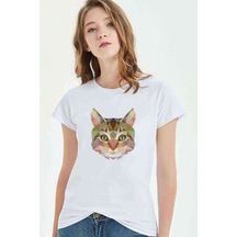 Polygonal Head Cat Kedi Baskılı Beyaz Kadın Tshirt