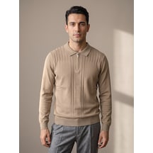 Maccali Erkek Taba Omuz Panelli Fermuarlı Polo Yaka Triko Kazak