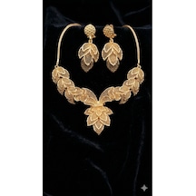 Gold Leaf Kadın Kolye Küpe Set Zarif Yaprak Desenli, Gösterişli, Şık Abiye & Özel Gün Takı Seti Altın