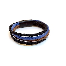 Blue Weave Lacivert Detaylı Çok Katmanlı Siyah Deri Erkek Bileklik-1438 Antrasit
