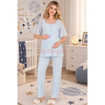 Lady Bebe Mavi Renkli Dantel Detaylı 33207 Kısa Kol 2 Parça Lohusa Hamile Pijama Takımı Açık Mavi