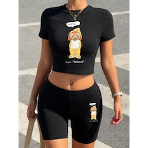 Tarzsokak Sportif Pijama Ayı Karikatür Baskılar Kırpma Üstleri Ve Şortlar Kadın İki Parçalı Set Tişörtl Siyah