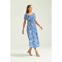 Kadın Saks Kare Yaka Desenli Elbise 001