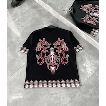 Ertaştrendstore Erkek Kısa Kol Bisiklet Yaka Baskılı Oversize T-shirt - Siyah Çok Renk
