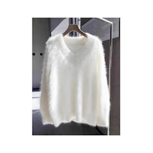 De Pose Kadın Oversize Peluş Yumoş Tüylü V Yaka Basic Triko Kazak Beyaz