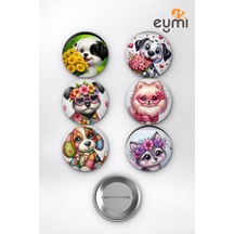 Sevimli Çiçekli Köpekler Golden Dalmaçyalı Çanta Süsü Rozet İğneli Buton Rozet Seti 58 Mm 6'lı Çok Renkli