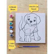 Çocuklara Özel Sevimli Köpek Baskılı Tuval Boyama Aktivite Seti 19x19 Cm Tuval, Fırça Ve 6 Renk Akrilik Boya Seti