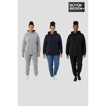 Süperlife Kadın Büyük Beden 3 Lü Set Kollar Ve Etek Ribanalı İnce Kapşonlu Swatshırt Spr26bswk957+3 Siyah