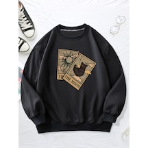 Uyguntarz Unisex Tarot Kart Baskılı Oversize Sweatshirt siyah