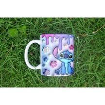 Stitch Pastel Mor Mavi Tasarımlı Kupa Bardak - Lilo And Stitch Hayranlarına Özel Hediye Beyaz