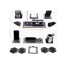 Space+Gümüş Kalemlik Ahşap Masa İsimliği Seti Mermer Desen Hediye Ofis Organizer Masa Üstü İsimlik
