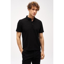 Siyah Slim Fit Dar Kalıp Fermuarlı Polo Yaka Desenli Kısa Kollu Tişört-16401 Siyah