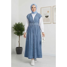 Hb Harma Time Butik Kadın V Yaka Düğmeli Açık Kot Mavi Jile Açık Mavi Açık Mavi