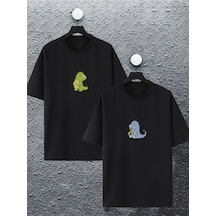 Unisex Kadın Erkek Dinozor Sevgili Baskılı Sevgili Çift Kombini Tasarım Oversize Tshirt 2'li Siyah Mck2489 Siyah