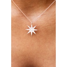 Azuris 925 Ayar Gümüş Sekiz Köşeli Beyaz Yıldız Kolye-Değer 1-Değer 2