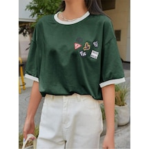 Uncool Nefti Yeşil Gövde Beyaz Biyeli T-shirt - Oversize Bisiklet Yaka Kısa Kol Tişört Nefti Yeşil Beyaz