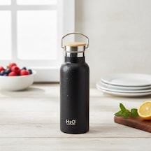 Bambu Kapaklı Siyah Çelik Termos Matara - 500 Ml Sızdırmaz Kilitli Mug - Doğal Ahşap Detaylı Sıcak Ve Soğuk Tutan Ofis Termosu Açık Beyaz