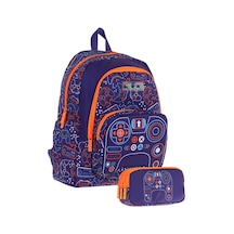 Kaukko Kids L5281+l8281 Üç Gözlü Erkek Çocuk Okul Çantası Ve Kalem Çantası Seti - Turuncu Lacivert - Oyun Baskılı Turuncu - Lacivert