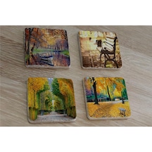 Sonbahar Manzaraları Doğal Taş Bardak Altlığı 4'lü Set - Natural Stone Coasters - Taş Çok Renkli
