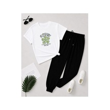 Herkesemoda Blowers Çiçek Baskı Detaylı T-shirt Eşofman Takımı Beyaz