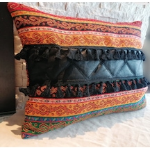2 Li Set Meksika & Fas Stili Kilim Desenli Gerçek Deri Detaylı İçi Dolgulu Dekoratif Yastık Etnik Boho Lüks Kırlent Turuncu Siyah