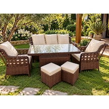 Rattan Bahçe Ve Balkon Takımı 3+1+1 2 Adet Puf Hediyeli Kahverengi