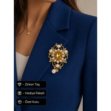 Premium Hediye İnci Taş Detaylı Gold Renk Kadın Broşu Vintage Tasarım Açık Gri