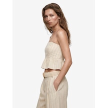 Koton Koton X Melis Ağazat - Slim Fit Keten Karışımlı Fırfırlı Çizgili Straplez Crop Korse Büstiyer Beyaz Çizgili 6sak30061ew
