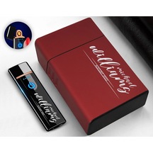 Bk Gift Kişiye Özel Kırmızı Sigara Tabakası ve Elektronik Dokunmatik Alevsiz Şarjlı Çakmak Seti 16