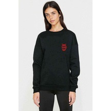 Devil Red Skull Tumblr Baskılı Siyah Kadın Sweashirt (528393375)