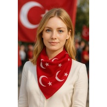 Ay Yıldız Kırmızı Türk Bayrağı Temalı Pamuk Kumaş Fular50x50 Kırmızı Gül