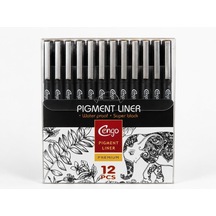 12'li Pigment Liner Teknik Çizim Kalemi Seti Eskiz, Mimari Çizim Ve İllüstrasyon Seti, Suya Dayanıklı Siyah M Genel