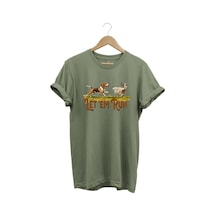 Avcılık Hunting Tavşan Avı Ve Avcı Köpeği Baskılı %100 Pamuk Regular Fit Bisiklet Yaka Haki T-shirt Haki