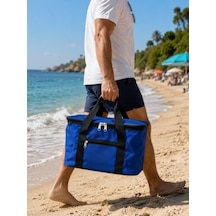 Mavi Renk 22 Litre Termal Piknik Ve Taşıma Çantası Su Geçirmez Kumaş, Kalın Yalıtımlı İç Kaplama, 2 Bölmeli Soğuk-sıcak Tutucu Çanta 39x27x23 Cm Açık