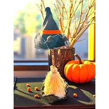 Halloween Cadı Şapkası, Led Işıklı, Siyah Kumaş, Cadı Süpürgesi, Turuncu Şeritli, Dekoratif Süsleme, Pilli Abanoz