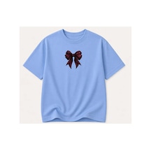 Herkesemoda Kurdele Baskı Baskılı Kadın Bisiklet Yaka Pamuklu T-shirt Açık Mavi