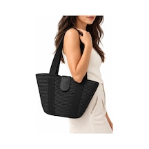 Levano Leather Kadın Hasır Tote Omuz Çantası Deri Detaylı Geniş İç Hacimli Günlük Yazlık Çanta 38x28 Cm Siyah