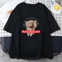 Tarzsokak Beyaz Radiohead Kedi Karikatür Baskılı Sevimli Grafik Lar İçin Yumuşak Siyah