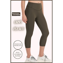 Kadın Yüksek Bel Toparlayıcı Kapri Tayt Dar Paça Karyoka Dikiş Detaylı Capri Haki 1020 Haki