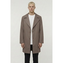 Sabri Özel Erkek Kahve Geniş Kesim Oversize Fit Pamuklu Dokuma Yan Cepli Orta Boy Ceket Yaka Trençkot Kahverengi