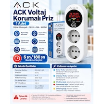 Ack İkili Ani Yüksek Akım + Voltaj Korumalı Priz Dijital Göstergeli 140v-280v Arası Standart