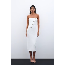 Sateen Düğme Aksesuarlı Straplez Elbise - Ekru-135537 Ekru